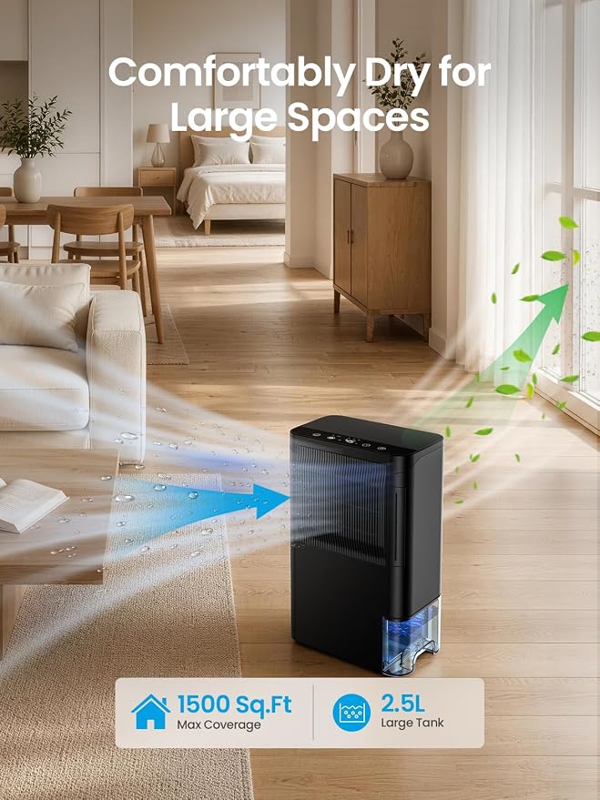 Dehumidifiers for Home 1500 Sq.Ft, 2.5L Tank, 35dB Quiet, New Rotary Technology Dehumidifier with Drain Hose, Works Down to 1°C/34°F, Auto Shutoff, Ideal for Basement Bedroom Bathroom RV Closet