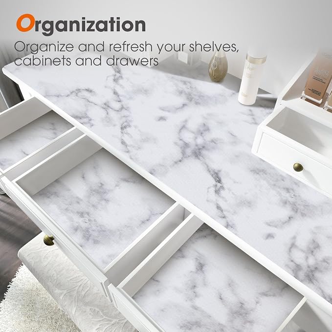 Drawer and Shelf Liner, Non-Slip Kitchen Cabinet Liners Non-Adhesive Thick Strong Grip Waterproof Washable Mats Protect Dresser Shelves Cupboard Bathroom Cabinets, White Marble, 24 in X 10 FT