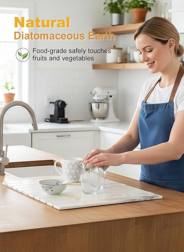 Large Stone Drying Mat for KitchenCounter,24"(L)×16"(W),Collapsible Absorbent Diatomaceous Earth Dish Drying Mat,Quick-Dry Draining Mat for Dishes Cookware Bottles Cups, Match Any Countertop