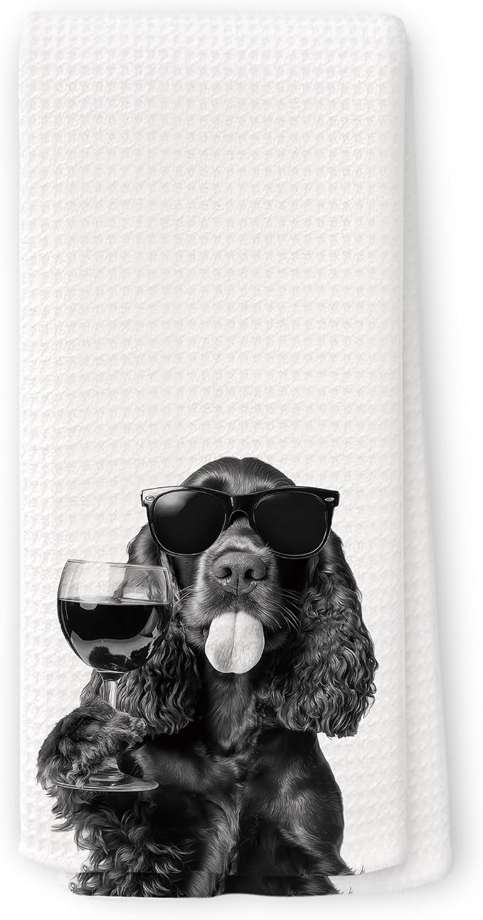 Funny Cocker Spaniel Wine Kitchen Towels, Gifts for Dog Wine Lovers, Bar Accessories Dish Tea Towels for Kitchen, Dog Owners Housewarming Gift Decorative Hand Towel 16x24 Inch