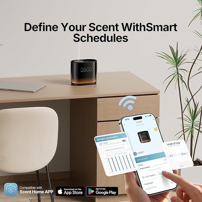 Smart Waterless Essential Oil Diffuser with 4 Hotel‑Inspired Oils | Touch & App Control, Light, Clock & Schedule – Corded Electric Air Scent Diffuser Starter Kit for Home Office