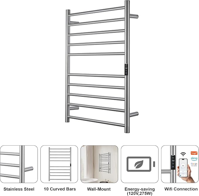 Electric Towel Rack with Voice Control for Alexa & Google Home,TUYA-Wall-Mounted Bathroom Heating Towel Warmer,Stainless Steel Material,31.5x20.08x4.41in,Plug-in,Brushed,10 Bars