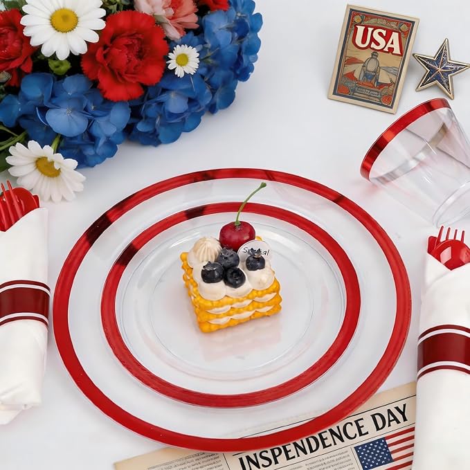 Liacere 350PCS Clear and Red Plastic Plates and Napkins for 50Guests Plastic Dinnerware Set-100 Red Disposable Plates 50 Pre Rolled Silverware Set,50 Cups for Party & Wedding & 4th of July
