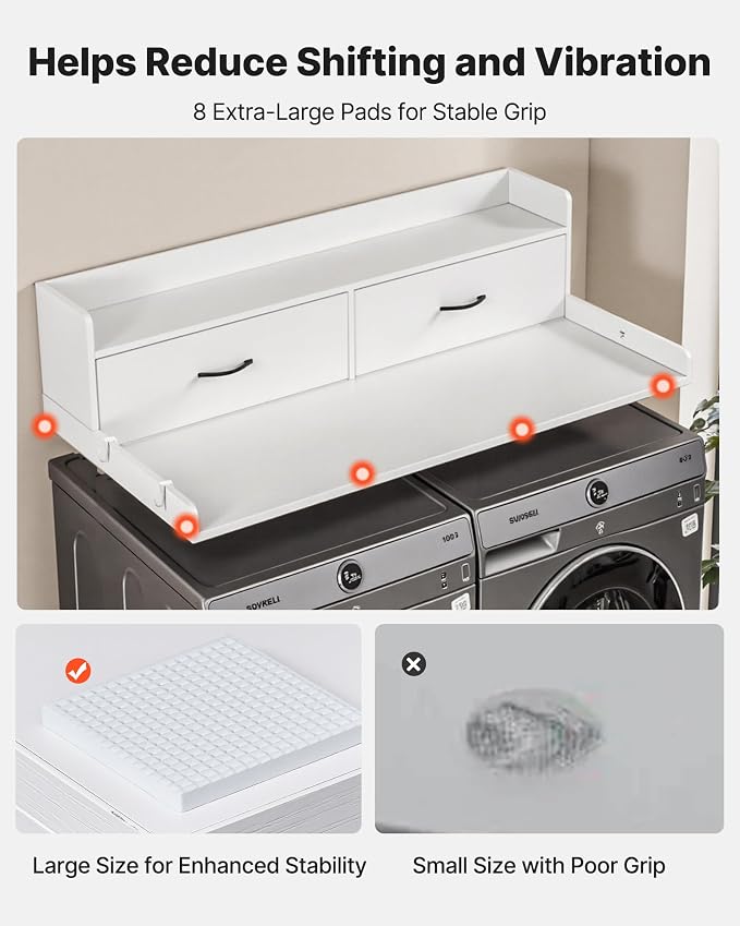 VEVOR 2 Drawers Washer Dryer Countertop with Shelf, 54" x 27" Wooden Laundry Countertop with 2 Hooks & Splicing Panels, Washer and Dryer Topper, Laundry Room Organization and Storage, White