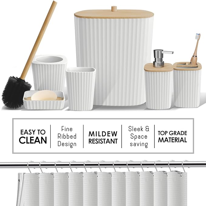 Clara Clark Bathroom Accessories Set - Bathroom Set, Bathroom Sets with Shower Curtain and Rugs, Shower Curtain Set with Bathroom Trash Can - White - 22PC