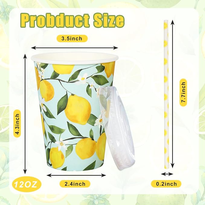50 Sets Lemon Paper Cups with Paper Straws Plastic Lids 12OZ Yellow Lemon Green Leaves Disposable Coffee Tea Cups for Summer Holiday Fruit Party Juice Drink Beverage Bar Supplies