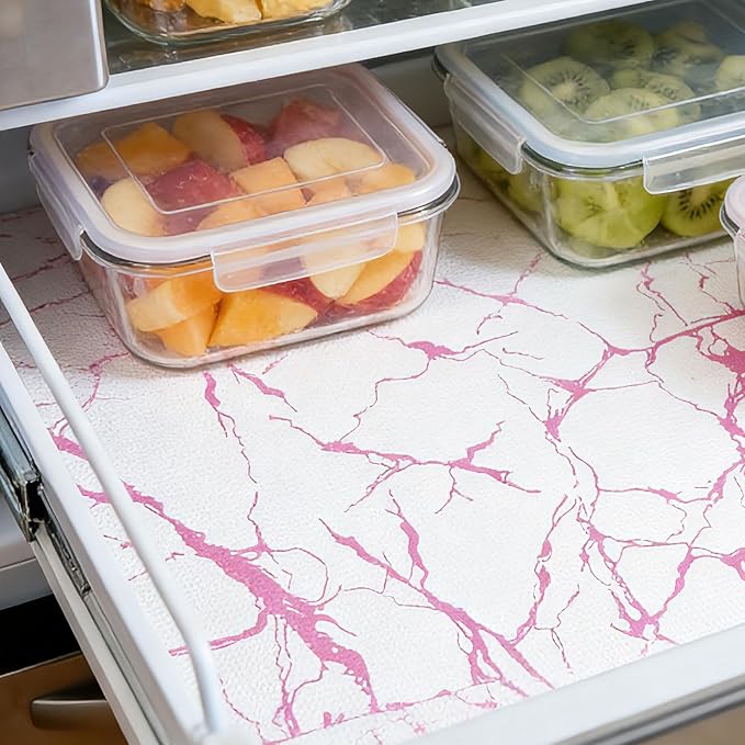 Pink Marble Pattern Shelf Liner, Non-Adhesive Non-Slip Thickened Drawer Liner, Easy to Clean Contact Paper for Kitchen Cabinets, Tool Box, Refrigerator, Includes Knife & Tape Measure.17.3×236.22inch