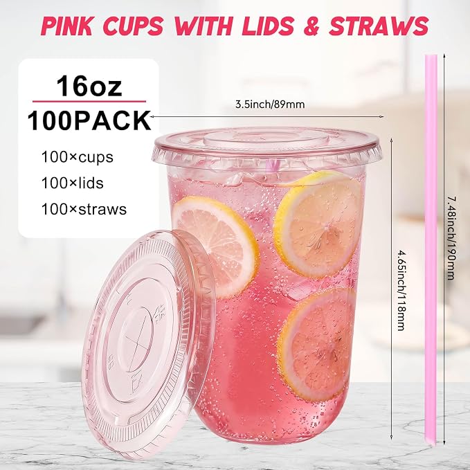 Ziliny 100 Sets Clear Round Bottom Plastic Cups with Lids and Straws, Cute Disposable Drinking Coffee Cups, for Christmas Valentine's Galentine's Day Party Wedding Birthday Supplies (16oz,Pink)