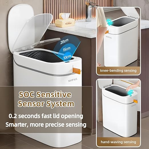 MOPALL 3.5 Gallon Motion Sensor Trash Can Automatic Touchless +3.3 Gallon Slim Garbage Can with Press-Top Lid