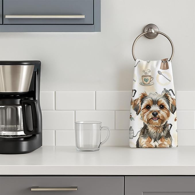 Caroline's Treasures Yorkiepoo Coffee Bar Kitchen Towel Velour Plush Front and Cotton Loop Back Machine Washable