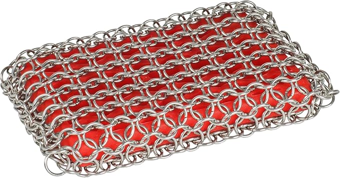 Lodge Chainmail Scrubber for Cast Iron Pans - Heavy Duty Stainless Steel Scrubbing Pad for Skillets, Dutch Ovens & Griddle Pans - Essential Cast Iron Cleaning Tool - Red