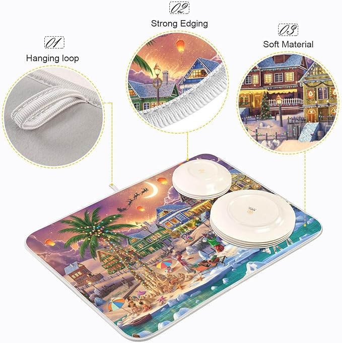 Winter Christmas Dish Drying Mat Cute Microfiber Drying Mats for Kitchen Counter,Reversible,Extra Large 24 x 18 Inches