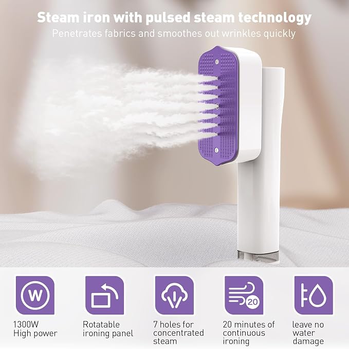 Portable Clothes Steamer, 1300W, 1.54 lbs Light, 3 Steam Levels, 20 Min Continuous Steam, Powerful Wrinkle Removal for Travel, Office, Home (110-120V)