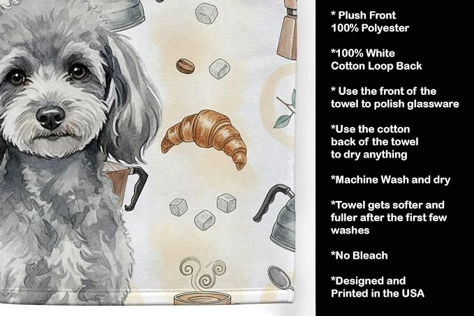 Caroline's Treasures Toy Silver Poodle Coffee Bar Kitchen Towel Velour Plush Front and Cotton Loop Back Machine Washable
