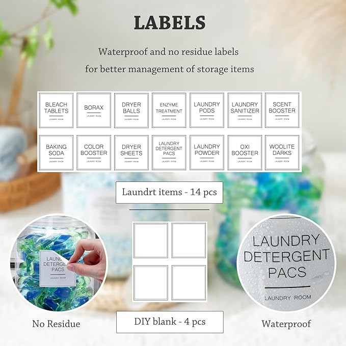 FyndraX Laundry Glass Jars with Dryer Sheets Holder, Containers with Scoop and Labels for Laundry Room Organization and Storage Detergents Pods or Powder, Scent Booster Beads, Set of 3