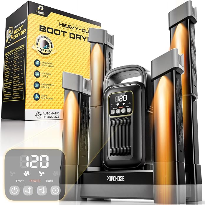 POPCHOSE Boot Dryer with Ozone Deodorizer, 1.5H Fast Drying Shoe Dryer, Silent & Adjustable Timer, Forced Heat Boot Warmer