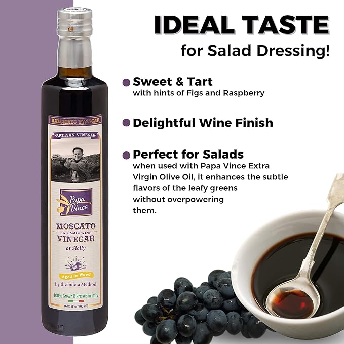 Papa Vince Aged Balsamic Vinegar - No Sugar, No Sulfites Added, No Pesticides. Made from freshly crushed whole grapes grown in Sicily, Italy, Minimally Processed, Delish subtle wine finish