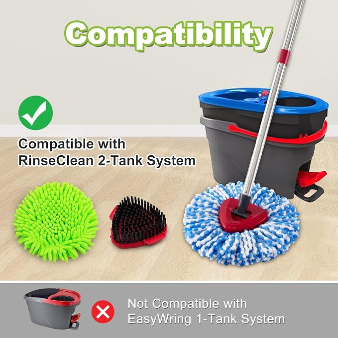 Mop Sets for O Cedar RinseClean 2 Tank Spin Mop System, 2 Microfiber Head Refills and 2 Chenille Pads,1 Handle with 1 Scrub Brush, and 1 Base