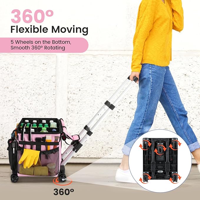 Housolution Extra Large Rolling Cleaning Caddy Bag with Detachable Trolley, Upgraded 360° Free Rotating with 5 Wheels and Dust-Proof Lid, Professional Cleaning Supplies Bag for Housekeepers, Pink