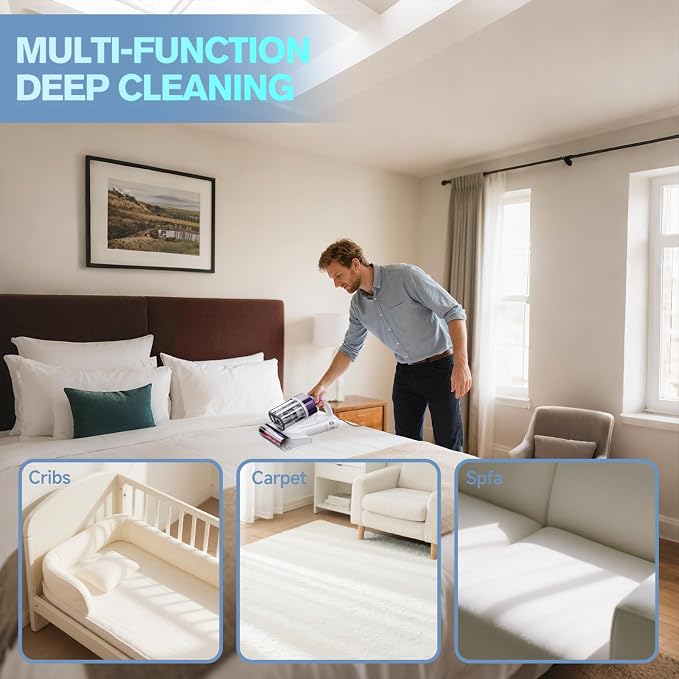 Mxnsewr Mattress Vacuum Cleaner, Ultrasonic Bed Vacuum Cleaner with 18Kpa Strong Suction, 150°F Heat & 253.7nm UV-C Light, Intelligent Dual Cup, One-Click Dust Removal for Bed, Sofa, Carpet, White