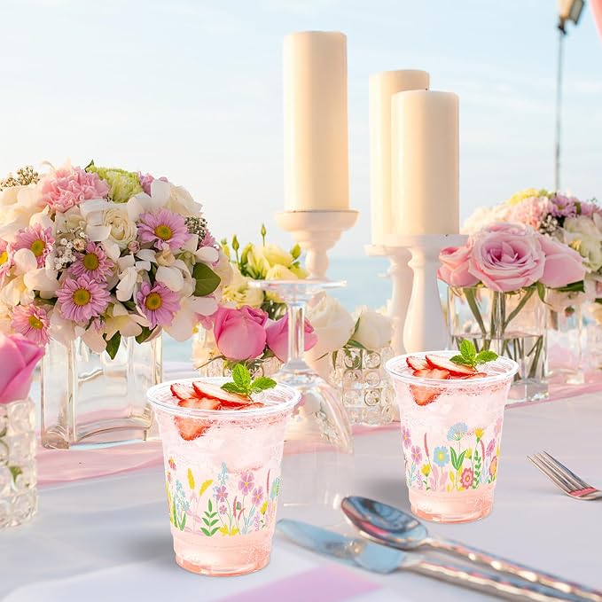 100 Pcs Wildflowers Plastic Cups 16 oz Spring Flowers Disposable Clear Plastic Cups Summer Drinking Cup for Floral Baby Shower Birthday Wedding Party Decoration Supplies