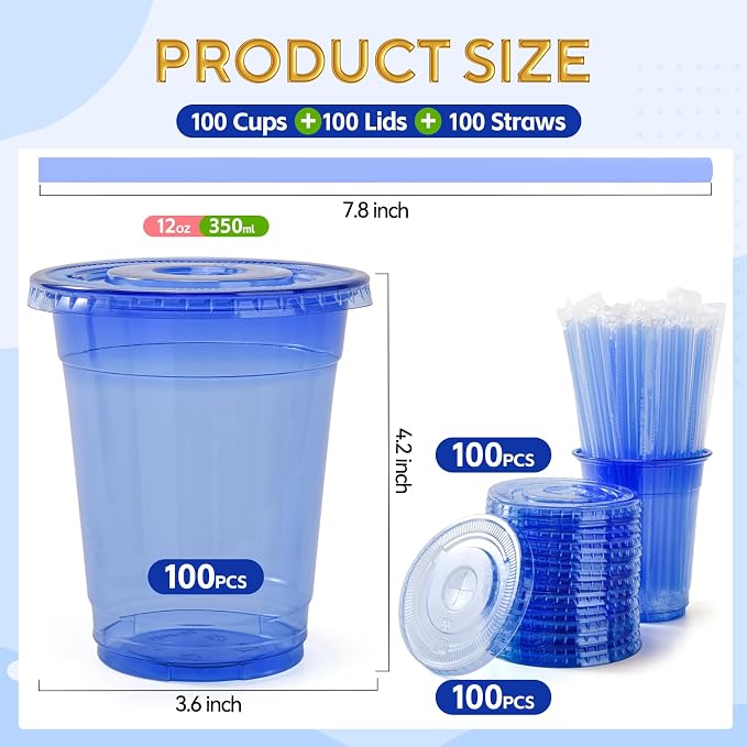 100 Set Blue Plastic Cups with Lids and Straws 12 oz Disposable Drinking Clear Cups for Wedding Blue Birthday Party Supplies