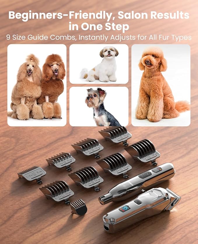 oneisall Dog Clippers for Grooming Thick/Heavy Coats, 4-in-1 Dog Grooming Kit Low Noise with Detachable Stainless Steel Blade, Cordless Paw Trimmer Pet Nail Grinder for Small & Large Dogs Cats Animals