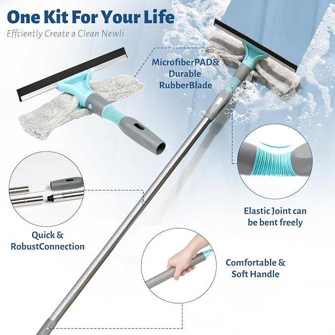 3-in-1 Detachable Broom and Mop Set Combo, Grey | Collapsible Design, Extension Pole, Window Squeegee, For House, RV Camping, Home, Dorm