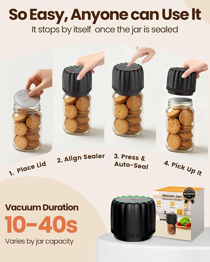 2026 Upgraded Electric Mason Jar Vacuum Sealer Kit with Wide and Regular Mouth Mason Lids -80kpa Automatic Vacuum Pump 2500mAh Battery One Touch Canning Sealing Machine for Food Storage Black