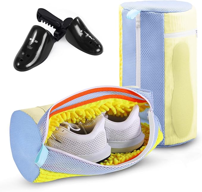 Shoe Bag for Washing Machine and Dryer - 2PCS XXL Reusable Shoe Laundry Bag with Shoe Tree - Chenille Microfiber 360°Deep Cleaning Bag for Sneakers Tennis Delicate Shoes - Yellow 15.35 × 7.5 Inches