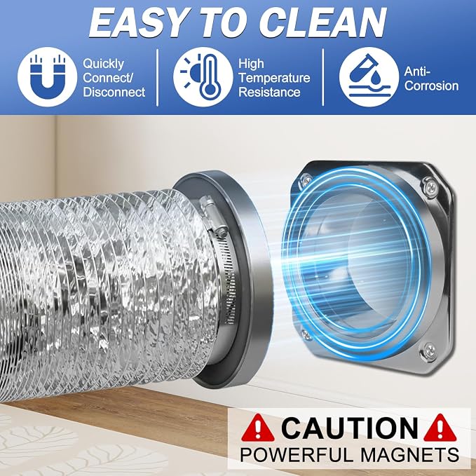 DVC-180 Magnetic Dryer Vent Connector Kit, 4 Inch Quick Connect Dryer Hose Coupling with 3.3ft Flexible Duct & 2 Clamps - Strong Airtight Seal for Easy Cleaning, Dark Silver