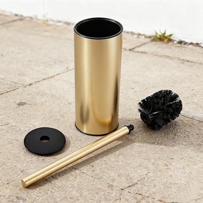 Toilet Brush and Holder Set, NEWRAIN 304 Stainless Steel Toilet Brush with Long Brush Handle, Brushed Gold Toilet Scrubber and Covered Holder, Round Design Sturdy and Space Saving, Covered Brush