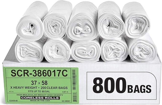 Aluf Plastics 55-60 Gallon Trash Bags Source Reduction Series Value High Density 17 Micron Gauge (equiv) - Intended for Home, Office, Bathroom, Paper, Styrofoam (Pack of 800)