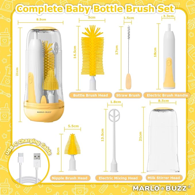Marlo & Buzz Electric Baby Bottle Brush Cleaner Set, Rechargeable Waterproof Silicone Brushes with Large Bottle Brush, Nipple Brush, Straw Brush, Milk Stirrer, Drying Rack (Yellow)