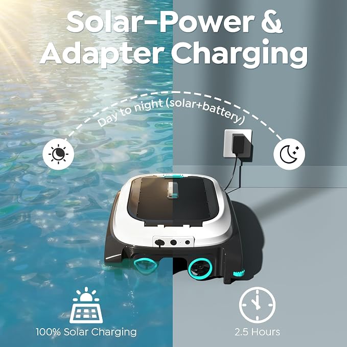 Pleco SK01 Solar Powered Pool Skimmer Robot with APP, Auto Surface Cleaning, 24/7 Cleaning, Dual Charging Modes, Obstacle Avoidance, Large Filter, Ideal for Most Pool Surfaces(Obsidian & Ivory)