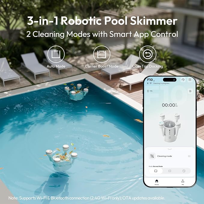 (2026 New) BUBLUE F10 Pool Surface Skimmer Robot,Robotic Pool Skimmer with App Control,Powerful Suction,5L Filter,Dual Cleaning Modes, AI Navigation,Ideal for In-Ground & Above-Ground Pools,White