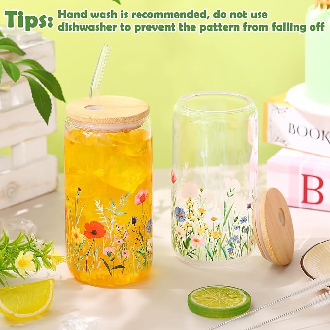 Sliner 2 Pcs Wildflower Glass Cups Floral Drinking Glasses Flower Iced Coffee Cup with Lid Straw 16 oz Cute Beer Can Tumbler Bridesmaid Gifts for Women Girl Holiday Summer Home Office Decorations