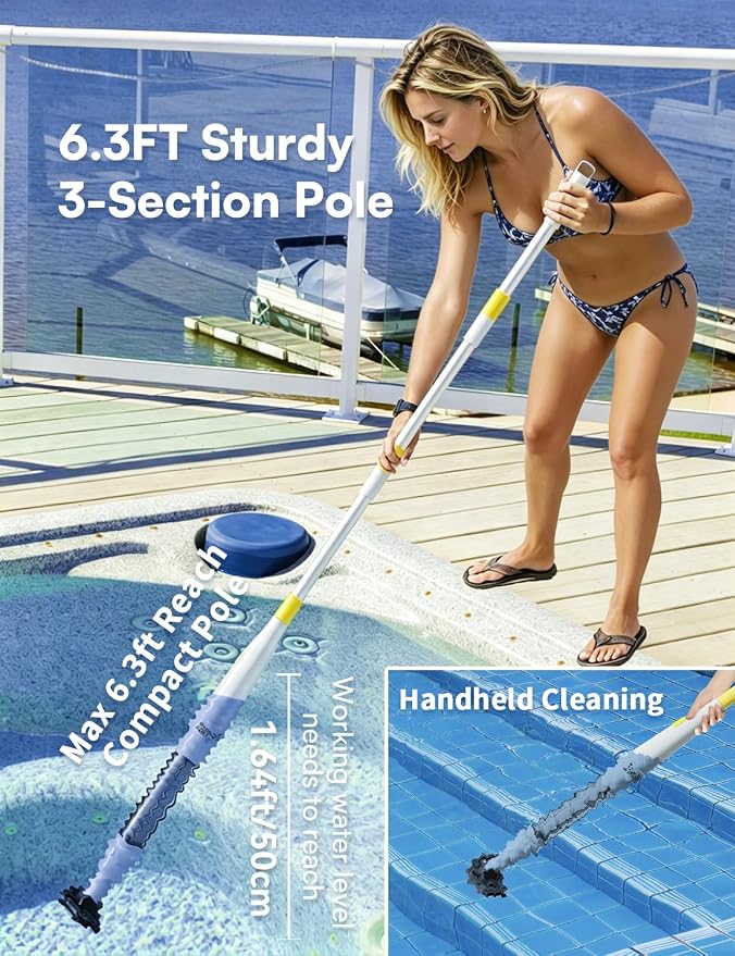 Handheld Spa Hot Tub Vacuum - Cordless Small Above Ground Pool Vacuum, 90-Min Runtime, 20 GPM Powerful Suction, Rechargeable, Ideal for Cleaning Debris and Sand Underwater, with 2 Brush Heads, Navy