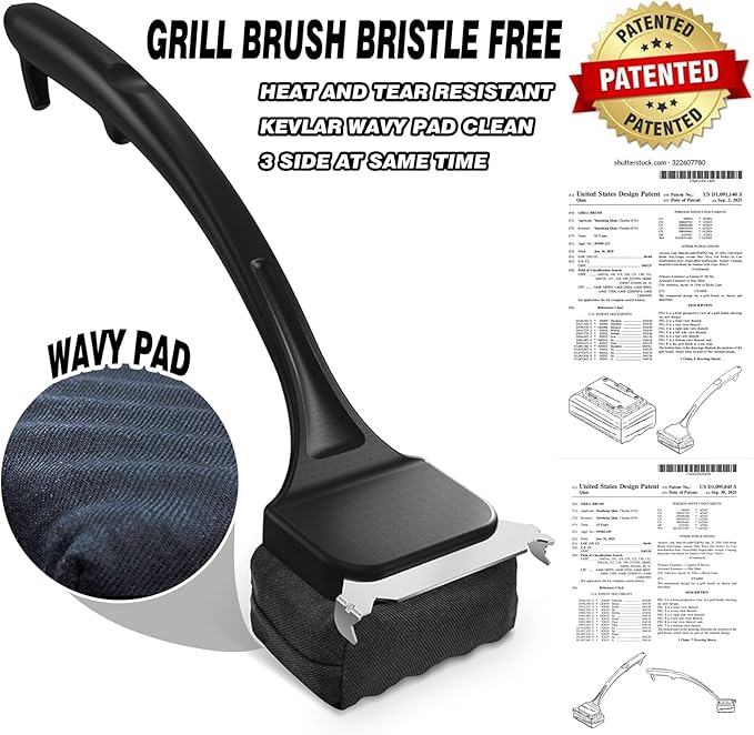 Grill Brush for Outdoor Grill, Steam Grill Cleaner Bristle Free with Scraper, Replaceable Cleaning Head & Heat-Resistant Handle, Grilling Gift for Dad, Men - Black