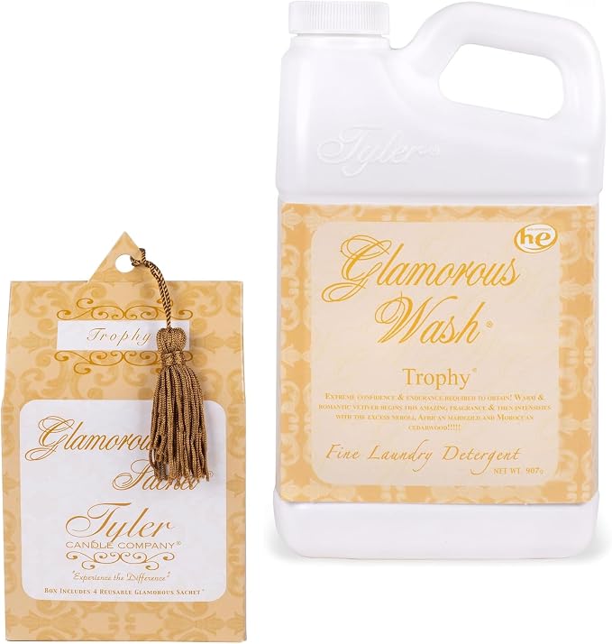 Elanze Designs Tyler Candle TROPHY - Glam Wash - 32 Ounce Liquid Laundry Detergent and Scented Sachet Bundle