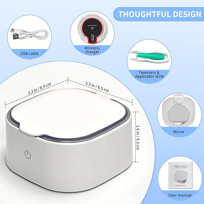 Contact Lens Cleaner, Ultrasonic Rigid Contact Lens Cleaner with USB Charger for OK Lenses, RGP, Colored and Soft Lenses (White)