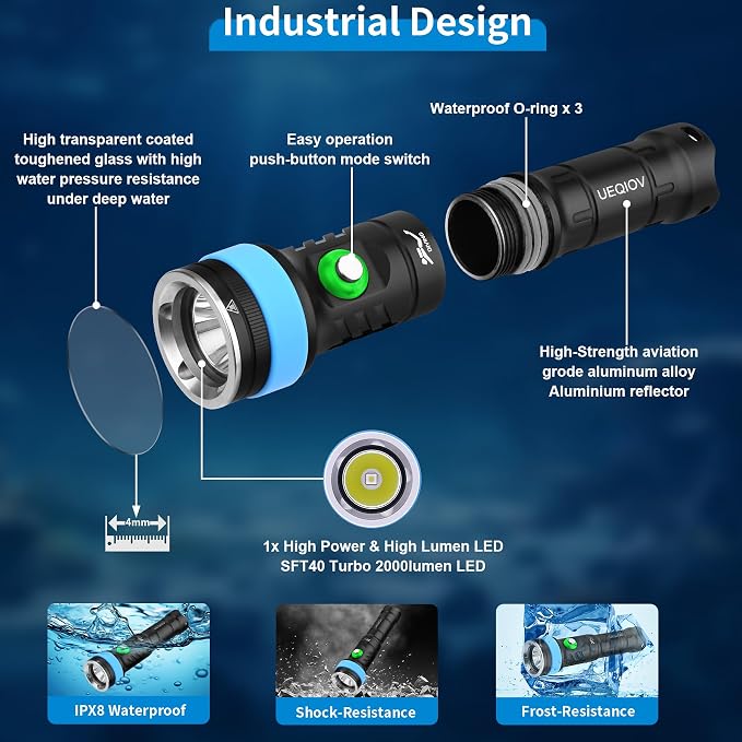 380 Dive Light Underwater Diving Flashlight, Super Bright Rechargeable Waterproof Flashlight with Battery Level Indicator, Suitable for Scuba Diving and Snorkeling Night Diving Light