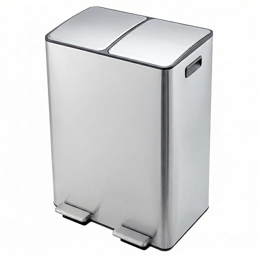 Garvee Kitchen Trash Can with Lid, 16 Gal / 60L (2 x 8 Gal) Dual Compartment Stainless Steel Garbage and Recycling Bin Combo with Independent Step Pedals & Removable Inner Buckets