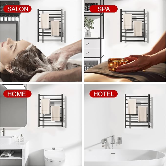 Heated Towel Racks for Bathroom, Wall Mounted Electric Towel Warmer Racks with Timer & Temperature Control, 8 Bar Stainless Steel Towel Heater for Bathroom, Matte Black, Plug-in