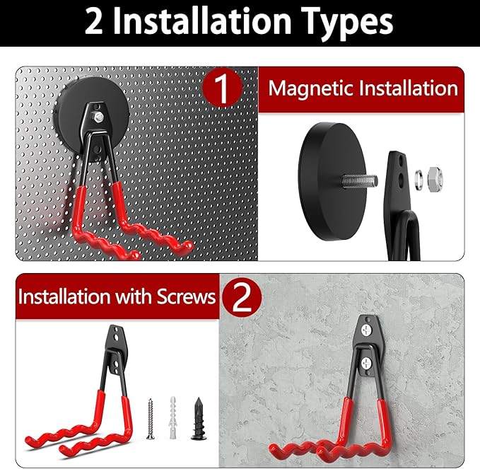 3-H Extra Strong Magnetic Hooks,Heavy Duty Large Anti-Slip Magnet Hooks Wave Shape,No-Drill Tool Holder for Garage,Power Drill,Garden Tools,Hose Storage,2 Pack Red