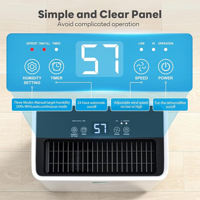FreAire 2500Sq.Ft Dehumidifier, 34Pint Dehumidifiers for Home,Bathroom,with 6.56FT Drain Hose,0.66Gal Water Tank,3-Color Humidity Light