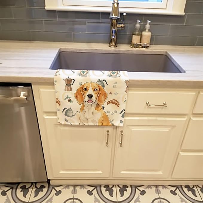 Caroline's Treasures Lemon and White Beagle Coffee Bar Kitchen Towel Velour Plush Front and Cotton Loop Back Machine Washable
