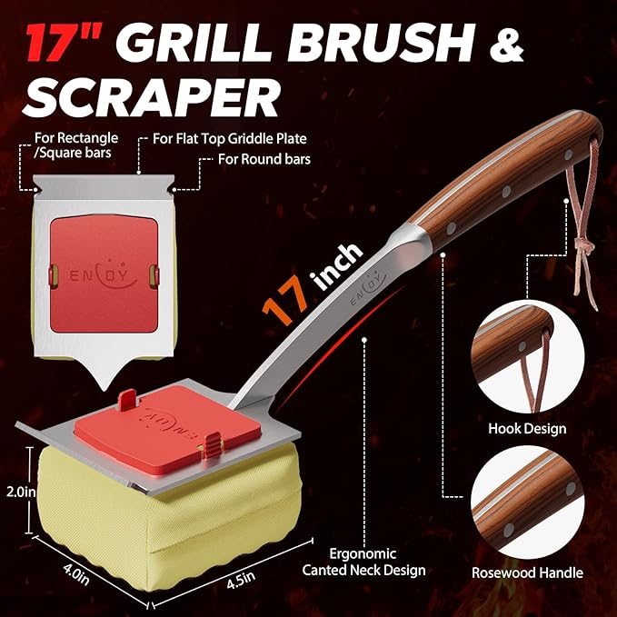 ENLOY Grill Brush for Outdoor Grill, Bristle Free Steam Grill Brush with Scraper, Replaceable Head, Safe Steam Cleaning 17'' Long Handle Grilling Accessories for Most Grills, Gifts for Men Dad Husband