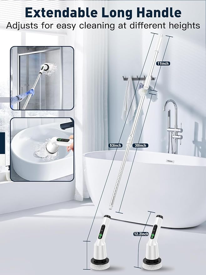 Electric Spin Scrubber for Cleaning Bathroom, Shower Scrubber Cordless Cleaning Brush with IPX7 Waterproof & 2 Speed, 8 in 1 Cleaning Brush Cleaning Supplies for Shower Tub Kitchen Tile Toilet White