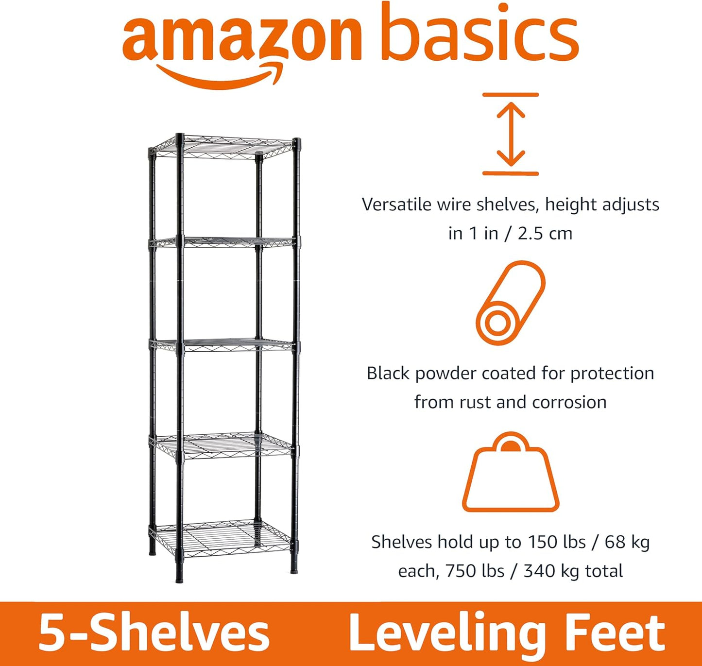 Amazon Basics 5-Shelf Tower Adjustable Storage Shelving Unit, Black, 16 D x 16 W x 54 H in